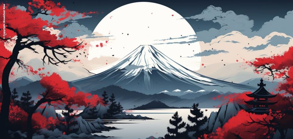 Defining Japanese Breakfast Pictured Japan Mont fuji in style of Joseph Binder.
